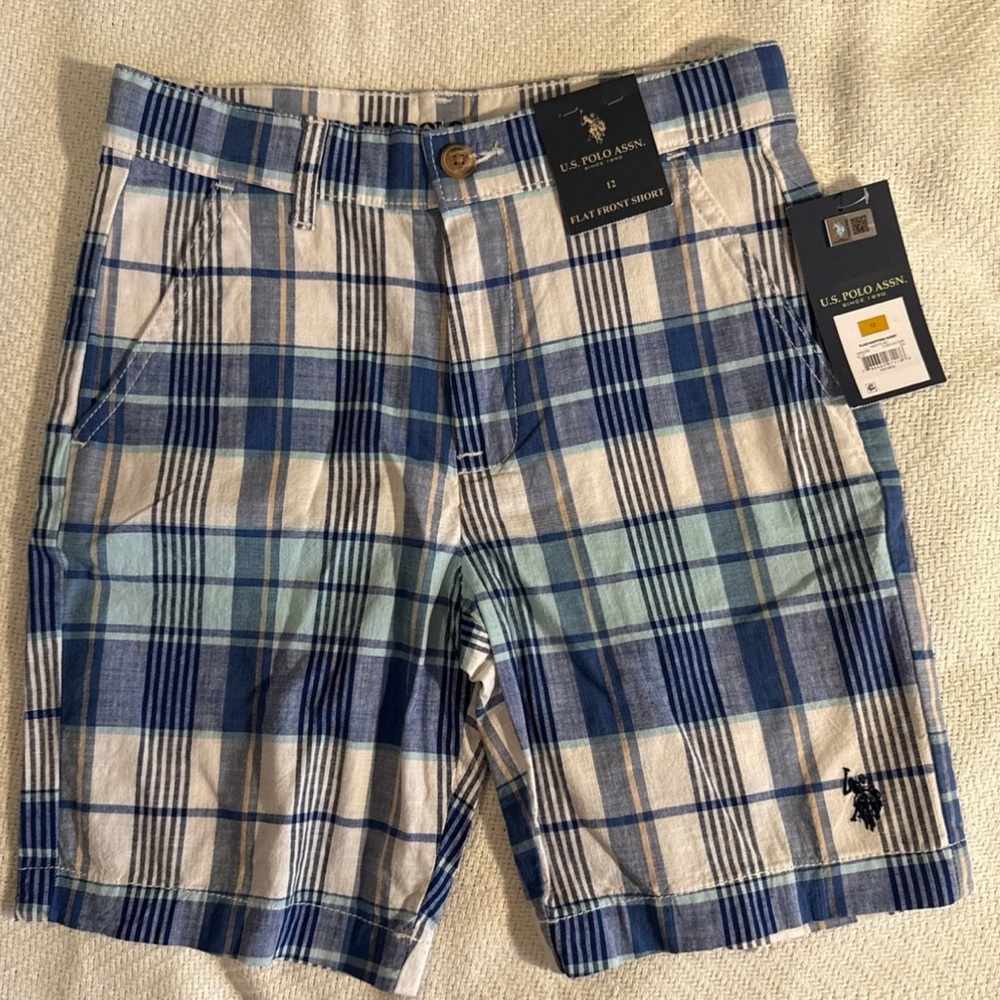 U.S. Polo Assn. Boys Blue and White Plaid Shorts NWT Size 12